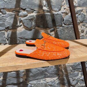 Gucci Neon Orange Lace Princetown Slippers